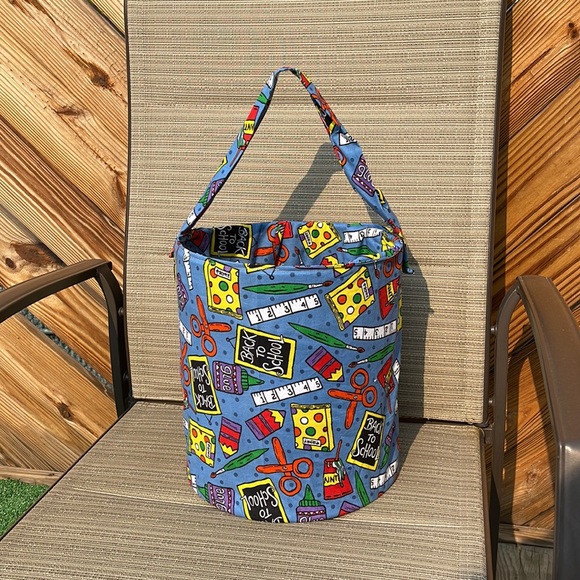 HANDMADE BACK TO SCHOOL FABRIC PRINT COLLAPSIBLE BASKET OR BAG - Picture 1 of 7
